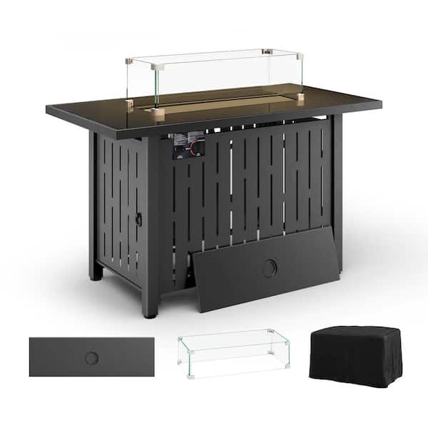 Unbranded 43 in. Metal 50,000 BTU Propane Gas Fire Pit Table in Black with Glass Wind Guard and Water-Resistant Cover