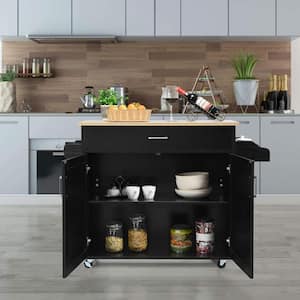Black Wood 45.5 in. Kitchen Island with Towel and Spice Rack