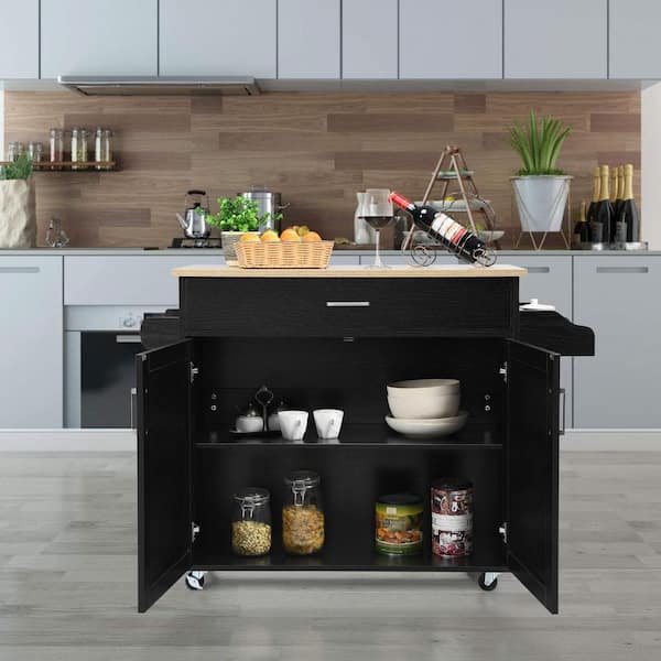 Costway Black Wood Base with Mdf Wood Top Rolling Kitchen Island (16-in x 45.5-in x 33.5-in)