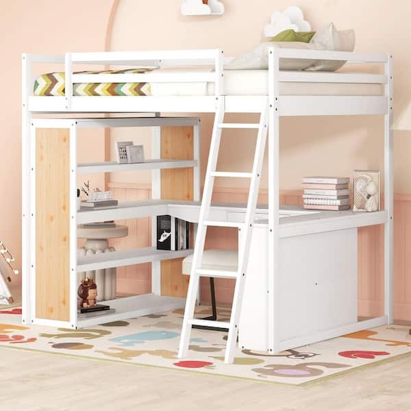 Harper & Bright Designs White Full Wooden Loft Bed with Shelves, Desk, Drawer and Ladder