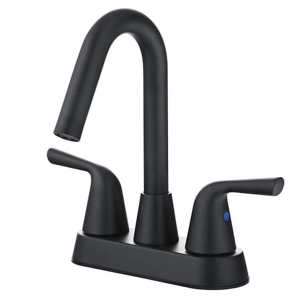 4 in. Centerset Double Handle High Arc Bathroom Faucet with Drain Kit Included in Matte Black