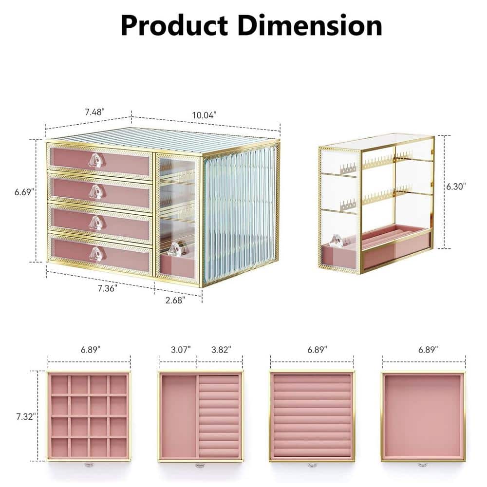 Pink Tempered Glass 5-Drawer Jewelry Organizer Box with Velvet Lining
