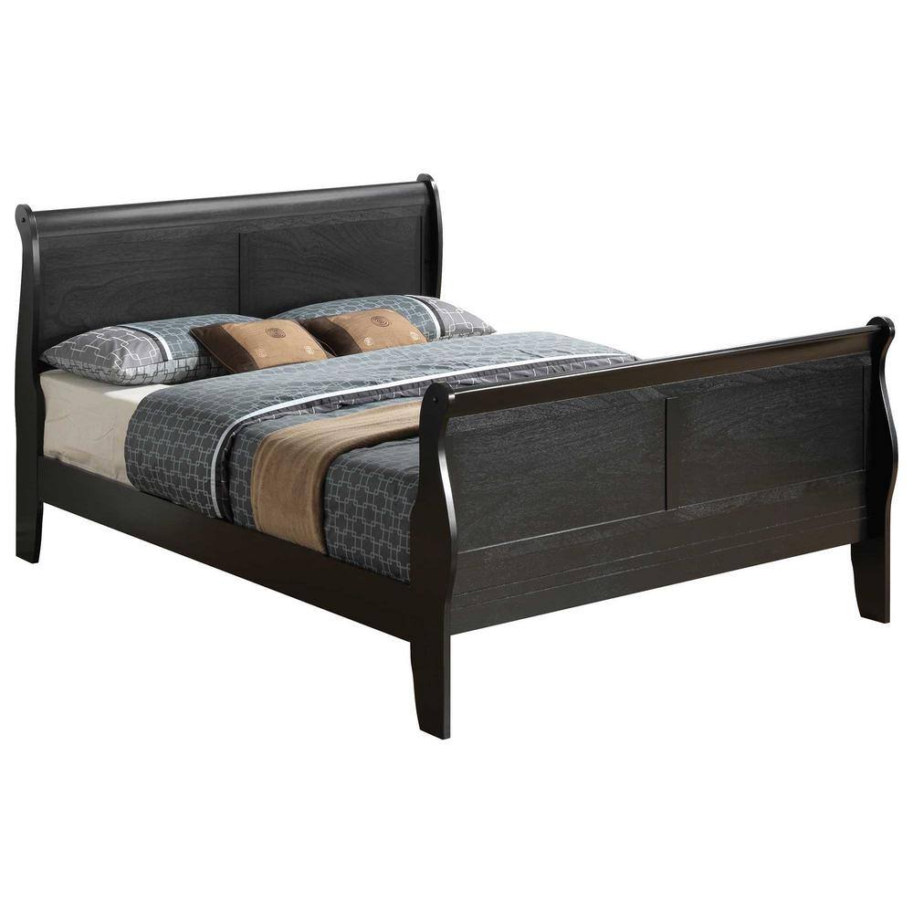 Elegant Louis Philippe King Size Black Wood Sleigh Bed