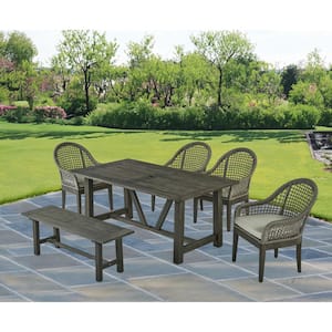 Richard Grey 6-Piece Acacia Wood Rectangle Standard Height Outdoor Dining Set with 4 Grey Cushion Chairs and 1 Bench.