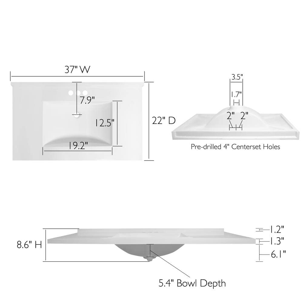 37-Inch White Cultured Marble Vanity Top with Backsplash