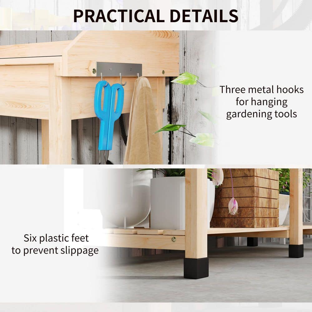 Natural Wood Potting Bench Table with Removable Sink Station