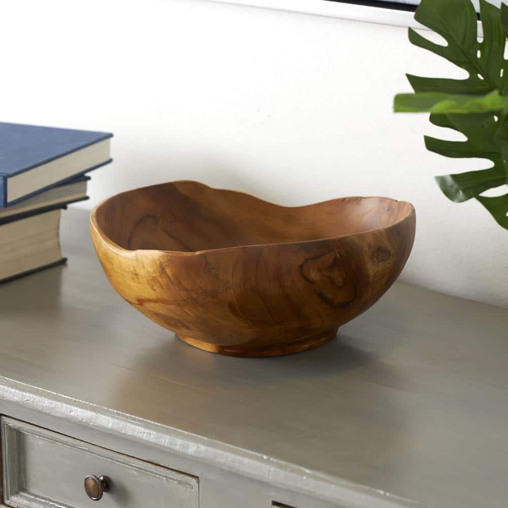 Litton Lane Brown Handmade Teak Wood Decorative Bowl with Natural Grooves