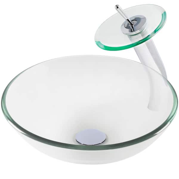 Novatto Bonificare Clear Glass Round Vessel Sink with Faucet and Drain in Chrome