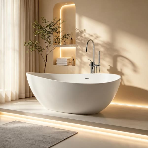 63 in. x 37.4 in. Solid Surface Freestanding Soaking Bathtub with Plenty of Room to Stretch Out in White