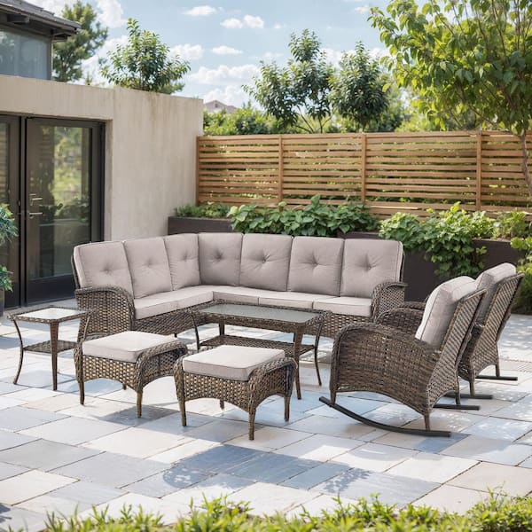 8-Piece Brown Wicker Outdoor Sectional Set with Olefin Beige Cushions and L-Shaped Sofa/Rocking Chairs