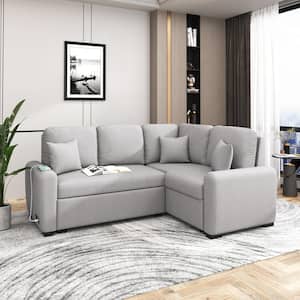 87.4 in. L Shaped Velvet Sectional Sofa in Gray with USB Charging Port and Socket, Pull-Out Sofa Bed with 3-Pillows