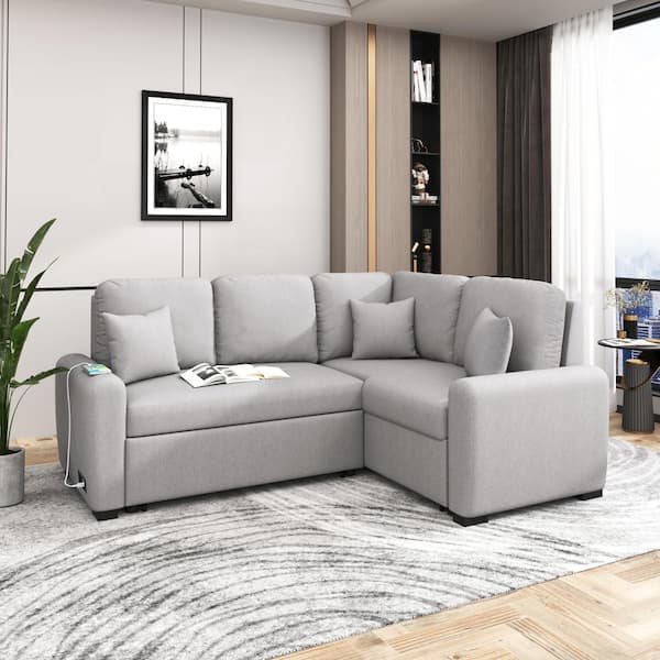 Harper & Bright Designs 87.4 in. L Shaped Velvet Sectional Sofa in Gray with USB Charging Port and Socket, Pull-Out Sofa Bed with 3-Pillows