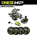 ONE+ HP 18V Brushless Cordless 7-1/4 in. Circular Saw Kit with 4.0 Ah Battery, Charger, and (4-Piece) Replacement Blades