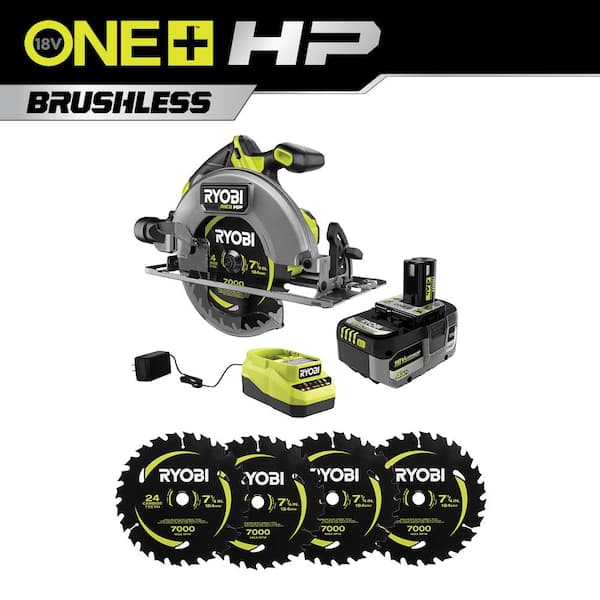 RYOBI ONE+ HP 18V Brushless Cordless 7-1/4 in. Circular Saw Kit with 4.0 Ah Battery, Charger, and (4-Piece) Replacement Blades