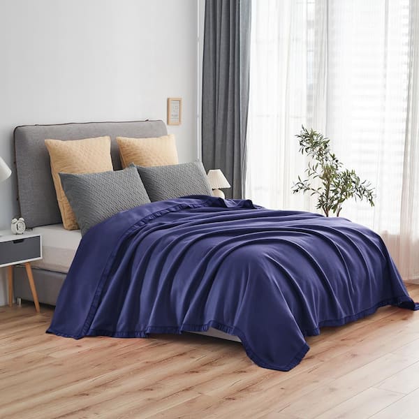 Dark Blue Polyester Twin Fleece Blanket with Satin Binding Edges