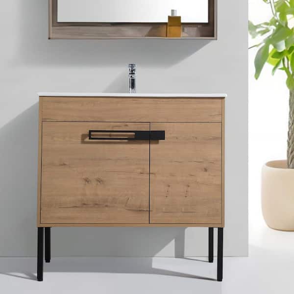 UPIKER Simply 36 in. W X 18 in. D x 35 in. H Bath Vanity in Imitative Oak with White Ceramic Vanity Top