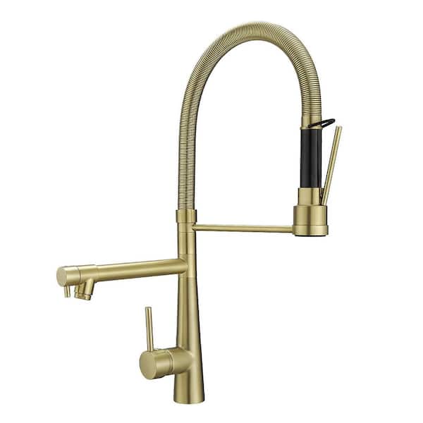 Tria Single-Handle Pull-Down Sprayer 2-Spray High Arc Kitchen Faucet with Pot Filler and 360° Swivel in Brushed Gold