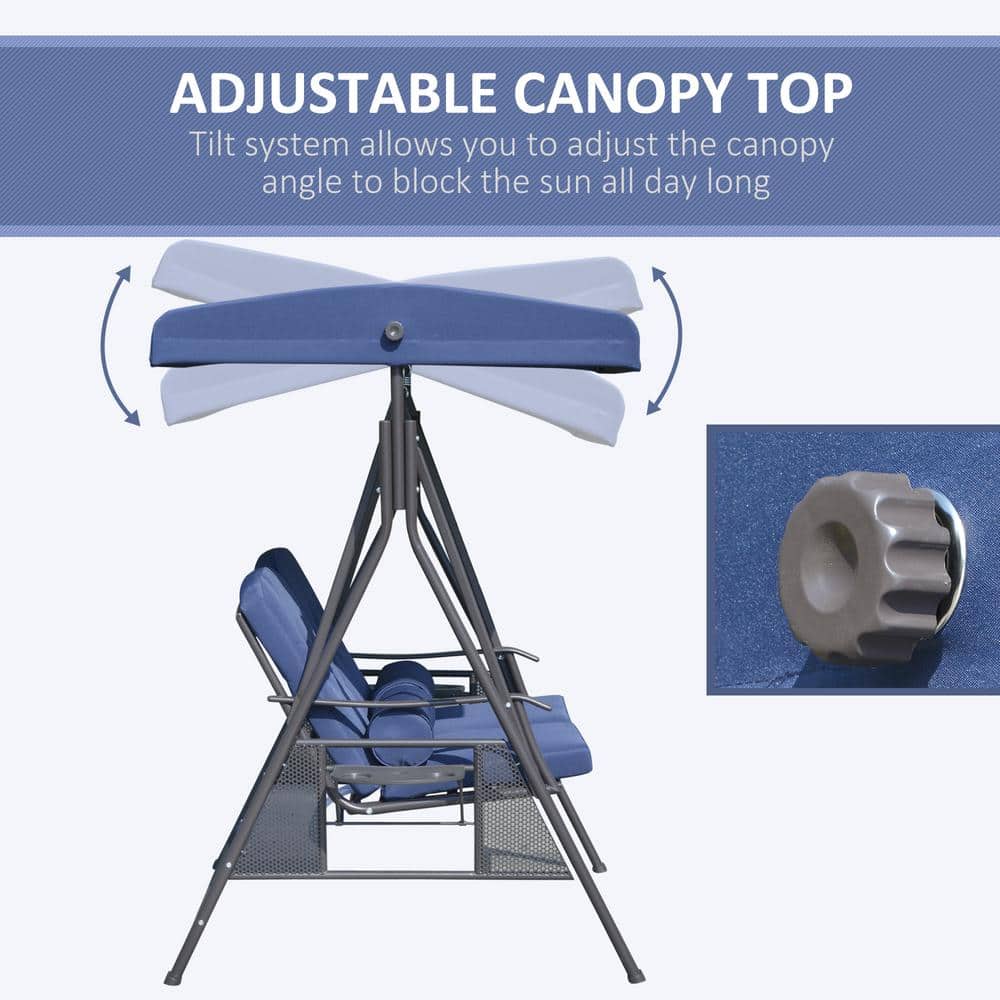 Dark Blue Metal 2-Person Patio Swing Chair with Adjustable Canopy