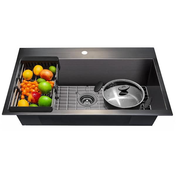 AKDY Gunmatel Matte Black Finished Stainless Steel 33 in. x 22 in. Single Bowl Drop-in Kitchen Sink with Accessories