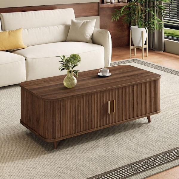 Berger Mid-Century Modern 47.24 in. Walnut Rectangle MDF Coffee Table with Sliding Doors, Hidden Storage