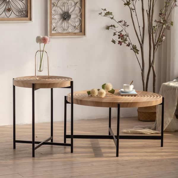 Unbranded Patio Modern Thread Design Round Coffee Table, MDF Table Top with Cross Legs Metal Base, Set of 2 for Porches, Poolside
