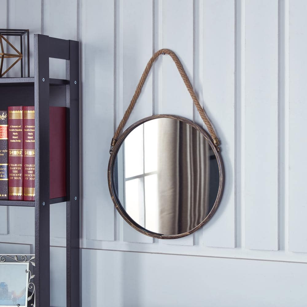 Rustic Round Gold Patina Mirror with Hanging Rope