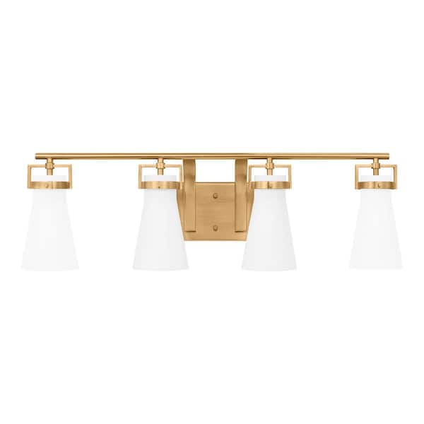 Home Decorators Collection Clermont 30.75 in. 4-Light Satin Brass Bathroom Vanity Light with Milk Glass Shades