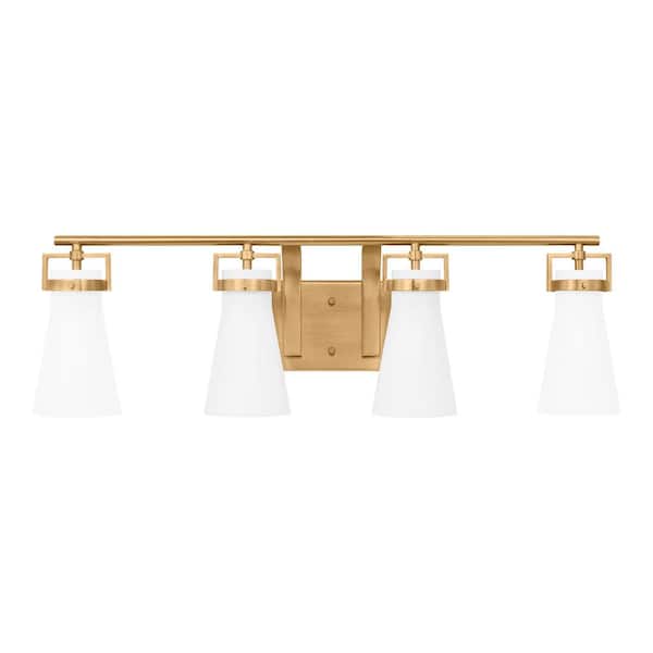 Clermont 30.75 in. 4-Light Satin Brass Bathroom Vanity Light with Milk Glass Shades