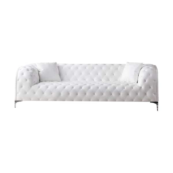 Benjara Sam 90 in. Straight Arm Faux Leather Rectangle Sofa in White and Chrome