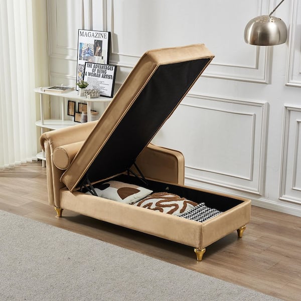 60.6 in. Khaki wood Frame Modern Velvet Bench, Chaise Lounge Chair with Hidden Storage and Gold Metal Legs