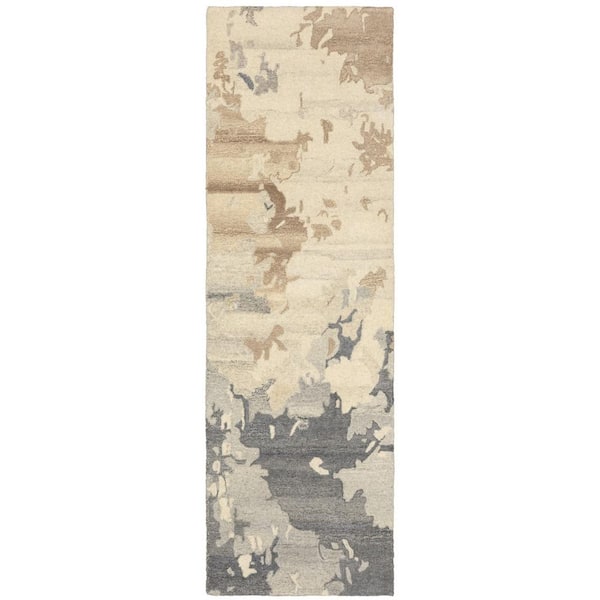 2 X 8 Beige, Charcoal Abstract Washable Area Rug Runner Rug