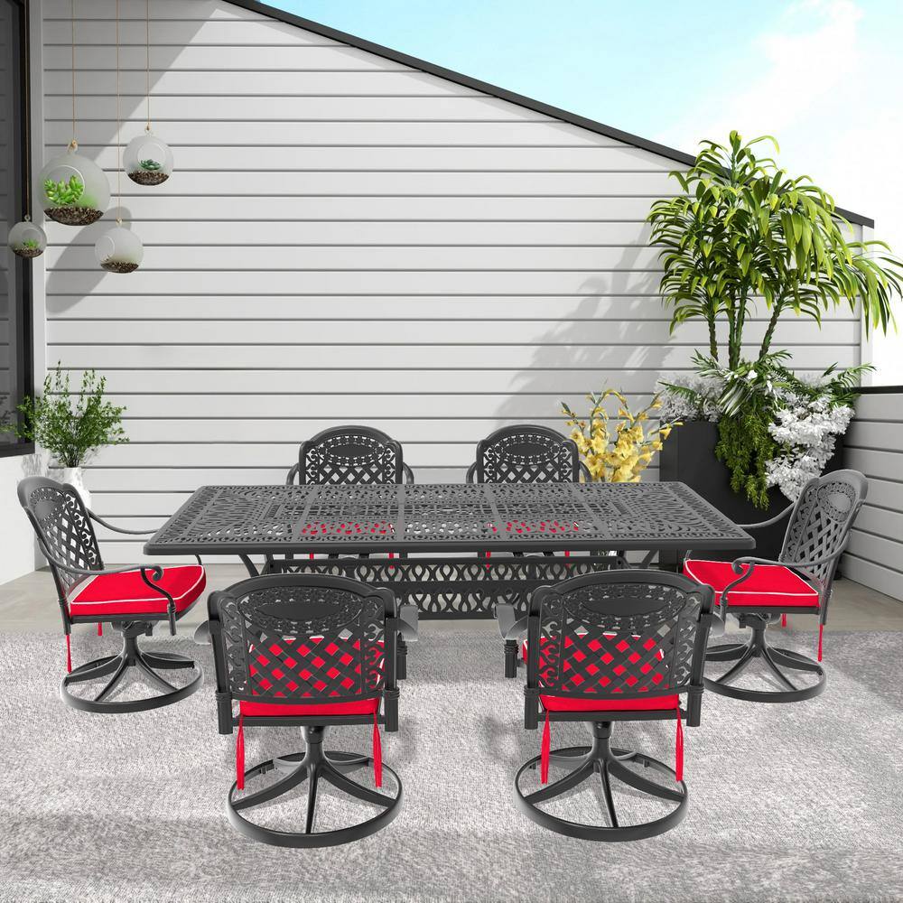 Isabella 7-Piece Cast Aluminum Patio Outdoor Dining Set with Rectangular Dining Table, 6 Swivel Chairs and Red Cushions