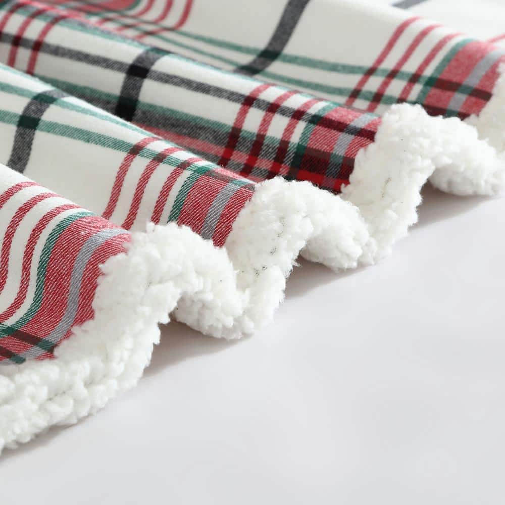 60" Red and Green Plaid Reversible Sherpa Cotton Throw Blanket