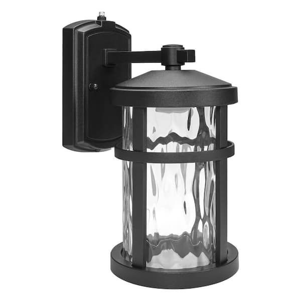 LED Outdoor Wall Light, Black Finish, Clear Hammered Glass, Dusk to Dawn Sensor, 750 Lumens, 3000K Warm White