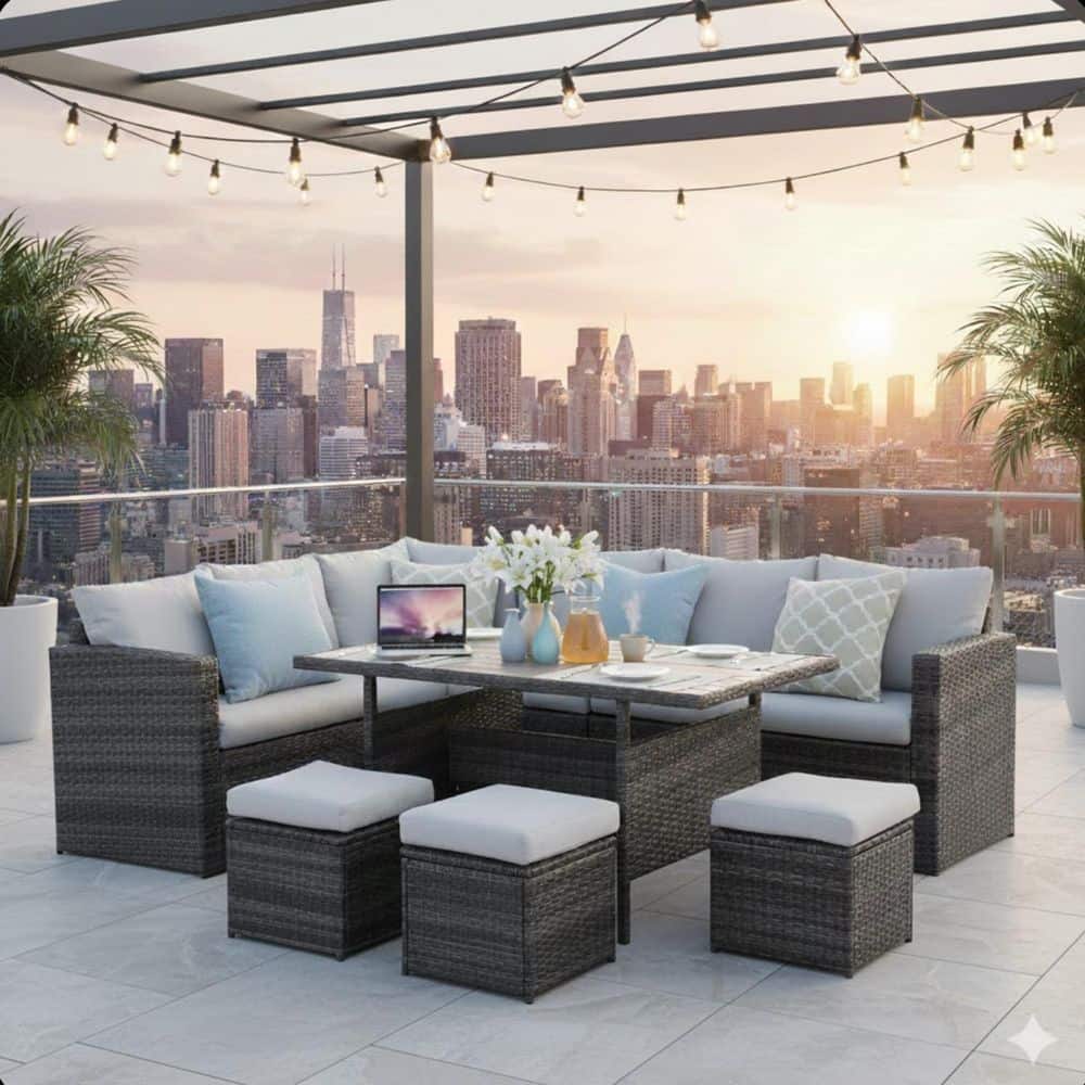 ラウ 7-Piece Wicker Outdoor patio Sectional Sofa Set with Dining Table