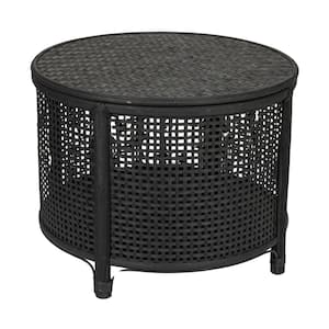 19.29 in. Matte Black Round Bamboo and Rattan Accent End Table with Storage