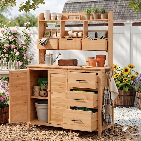 Farmhouse Patio Potting Bench Garden Workstation w/6 Drawers
