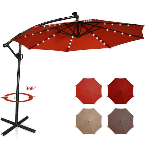 Costway 10 ft. Aluminum Offset Cantilever Solar Tilt Patio Umbrella LED Lights 360-Degrees Rotation Orange