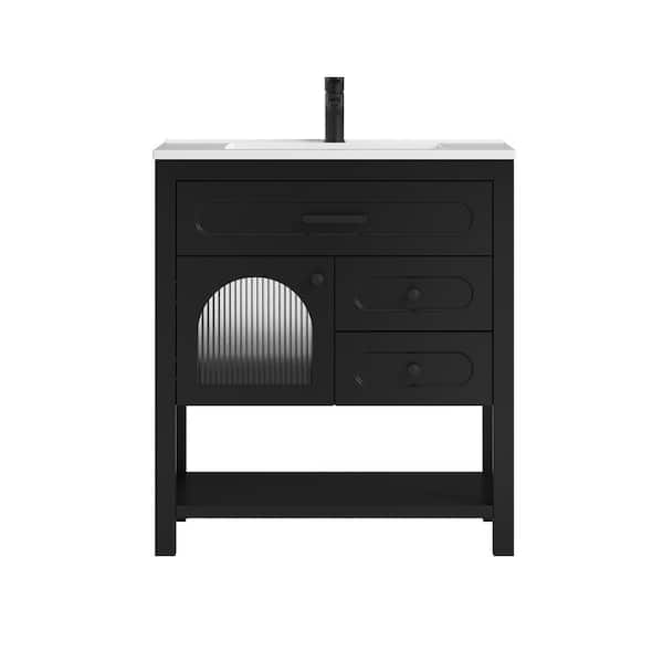 Obsidian 31 in. W x 19 in. D x 34.5 in. H Single Sink Freestanding Bath Vanity in Black with White Resin Top
