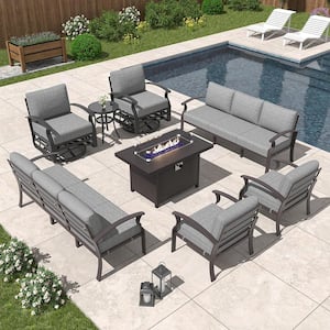 10-Seat Aluminum Patio Conversation Set with armrest, Firepit Table, Swivel Rocking Chairs and Grey Cushions