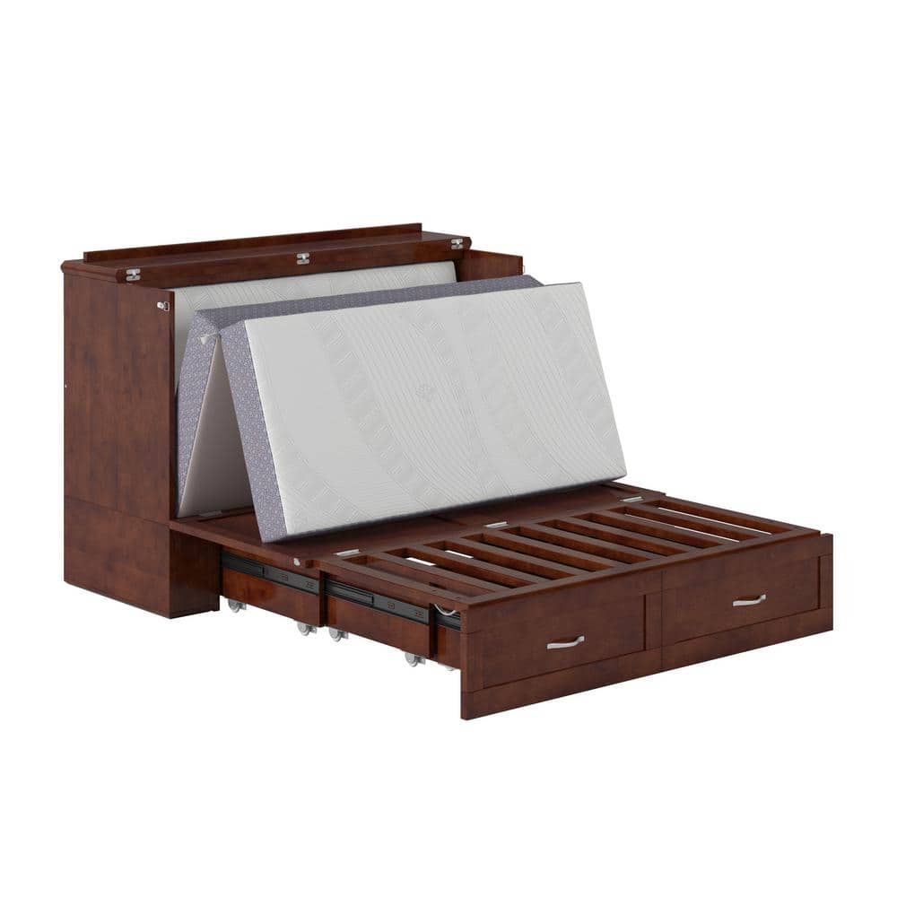 Walnut Full Murphy Bed Chest with Upholstered Wood Frame and Drawer