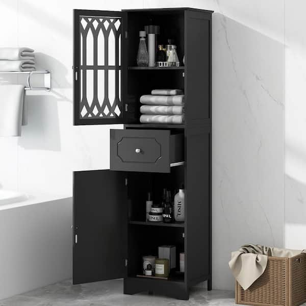 Tall 16.5 in. W x 14.2 in. D x 63.8 in. H Black Bathroom Linen Cabinet with Adjustable Shelf, Drawer, Acrylic Door