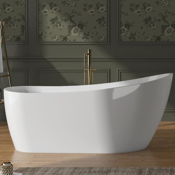 Freestanding 59.1 in. Fiberglass Flatbottom Modern Stand Alone Non-Whirlpool Bathtub in Glossy White