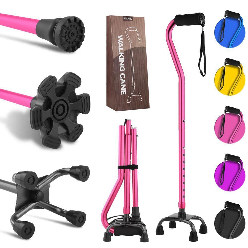 Foldable Adjustable Quad Walking Cane for Seniors and Adults, Light Pink, 30 to 37 in. Freestanding