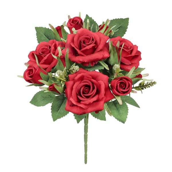LIVING LUXURY 13 in. Petite Red Artificial Tea Rose Flower Stem Bush Bouquet (Set of 4)