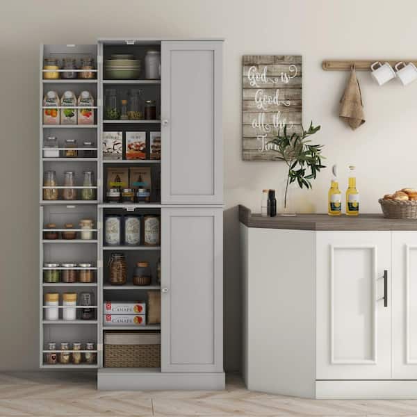 Modern 65 in. Gray Kitchen Pantry Cabinet with 4 Doors and 16 Door Shelves for Dining Room