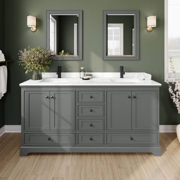 Wyndham Collection Deborah 72 in. W x 22 in. D x 35 in. H Double Bath Vanity in Dark Gray with White Quartz Top and MC Mirrors