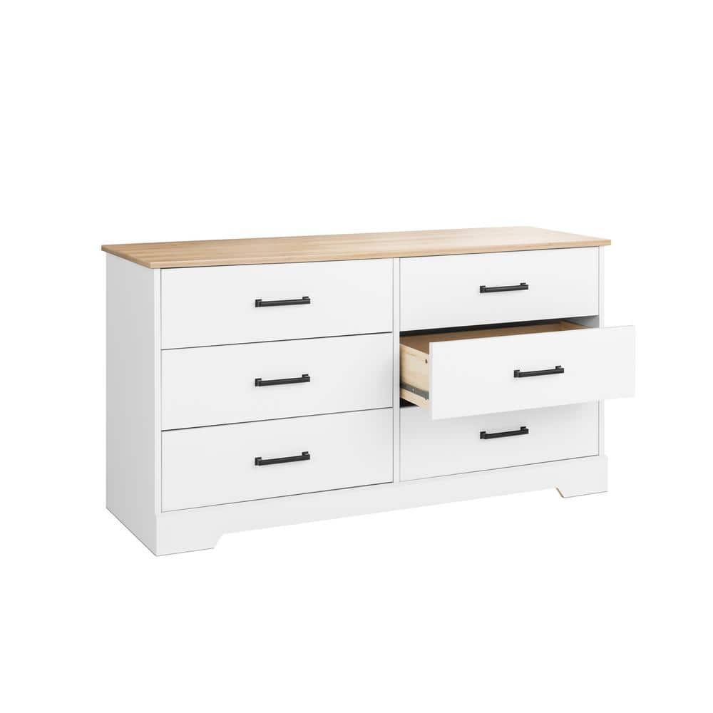 Rustic White and Oak Double Dresser with Six Drawers