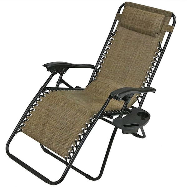 Sunnydaze Zero Gravity Brown Sling Lawn Chair with Pillow and Cup Holder