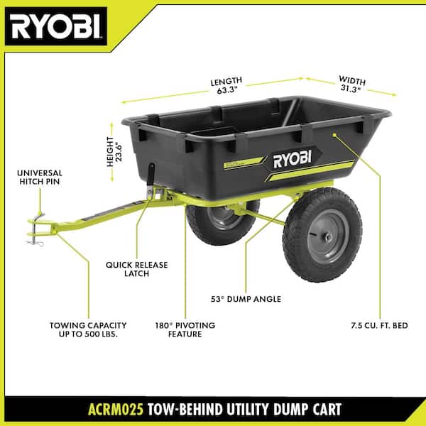 RYOBI ACRM025 500 lb. 7.5 cu. ft. Tow-Behind Utility Dump Cart with Universal Hitch for Riding Mower, Lawn Tractor & Zero Turn Mower - 3